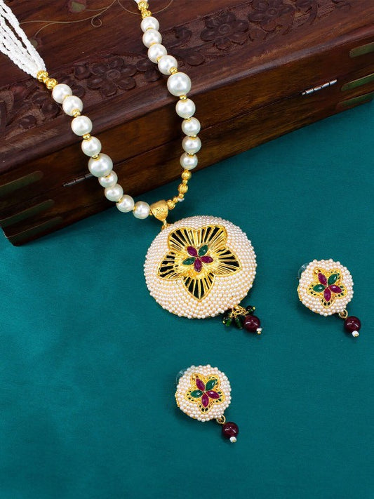 Gold Plated Pearls Beaded Floral Necklace & Earrings Set