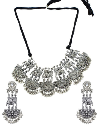 Silver Oxidised Elephant Shaped Temple Jewellery Set