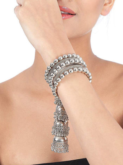 Silver Oxidised Multistrand Wraparound Bracelet with Three Layer Jhumki