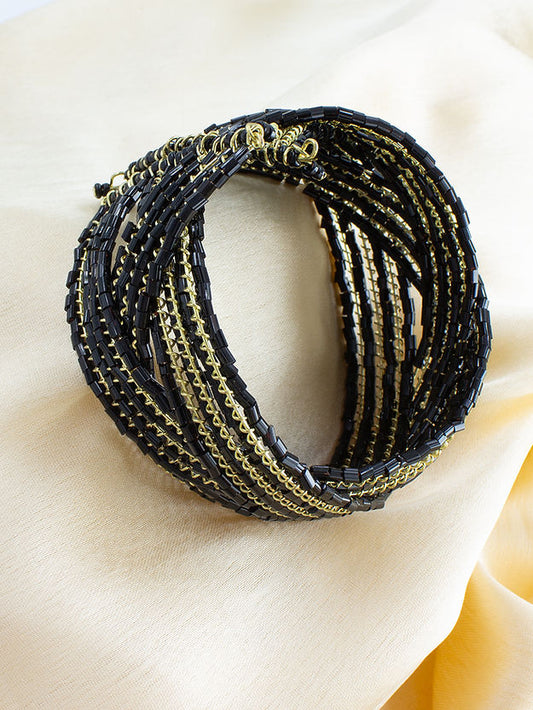 Gold & Black Beaded Cuff Bracelet