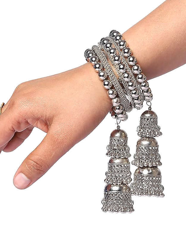 Silver Oxidised Multistrand Wraparound Bracelet with Three Layer Jhumki