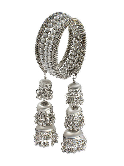 Silver Oxidised Multistrand Wraparound Bracelet with Three Layer Jhumki