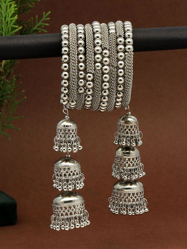 Silver Oxidised Multistrand Wraparound Bracelet with Three Layer Jhumki