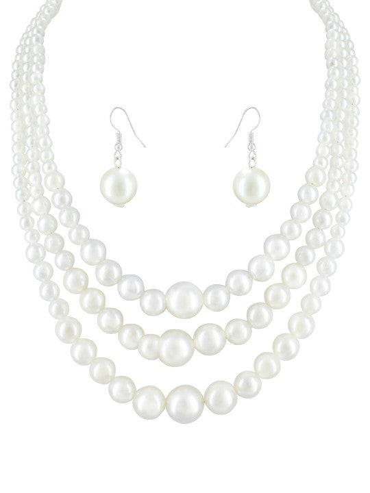 Silver Plated Three Layered Pearl Beaded Trendy Necklace & Earrings Set