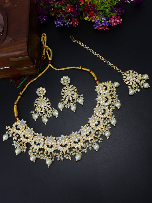 Gold-Plated Artificial Stones Studded Jewellery Set With Maang Tika