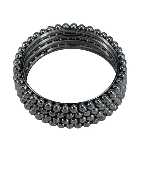 Set of 4 Silver Oxidised Gun Metal Color Beaded Bangles