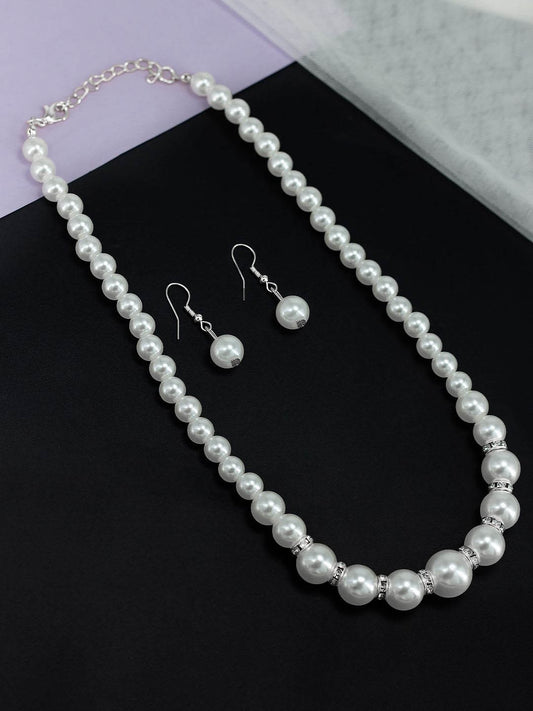 Silver Plated Pearl Beaded Moti Mala Trendy Necklace & Earrings