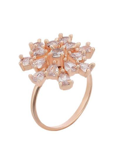 Rose Gold Plated American Diamond Earrings With Adjustable Finger Ring