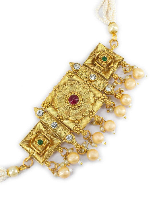 Gold-Plated Floral Stone-Studded & Beaded Jewellery Set