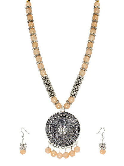 Silver Oxidised Long Necklace Beaded Tibetan Style Jewellery Set