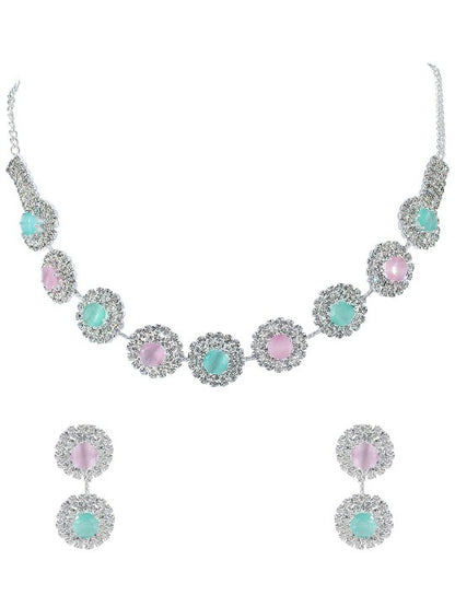 Silver-Plated Floral Pink & Mint CZ-Studded Jewellery Set