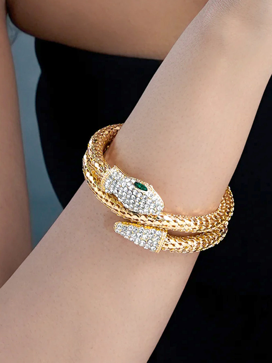 Serpent Gold Plated & Green Rhinestone Wraparound Bracelet For Women