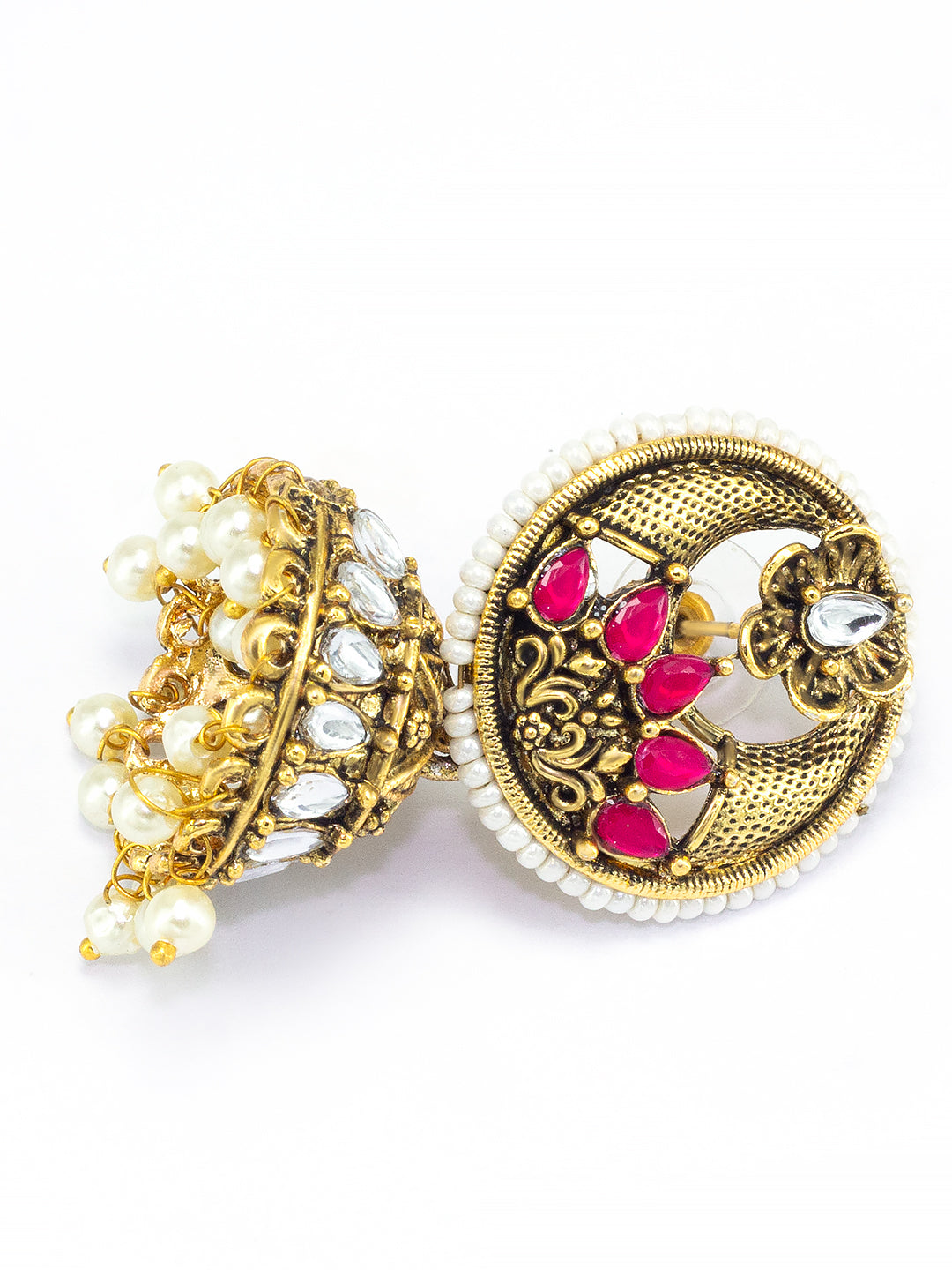 Gold-Toned Dome Shaped Kundan Studded Jhumkas