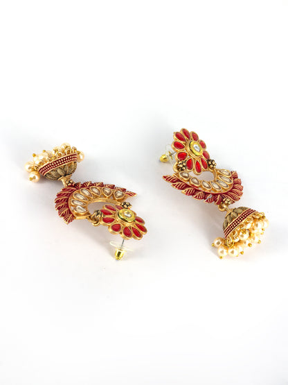 Gold Plated Red Floral Jhumka Earrings