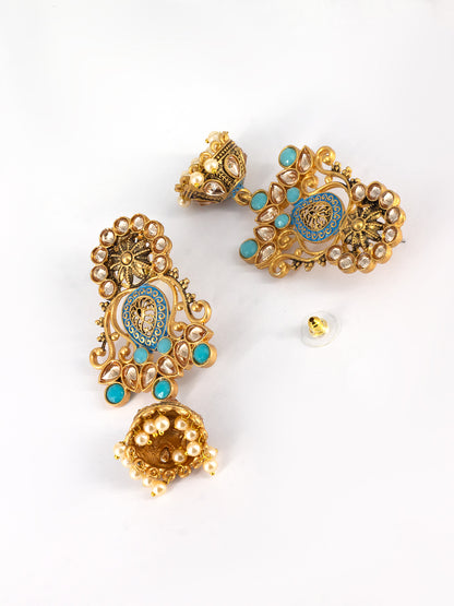 Gold Plated Blue Floral Jhumka Earrings