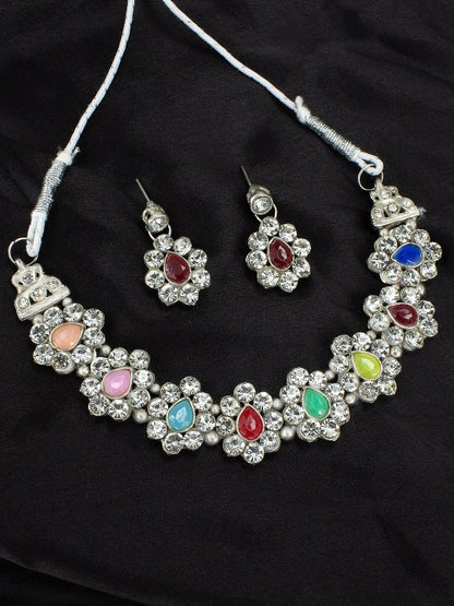 Silver Oxidised Multi Color Stone Studded Floral Jewellery Set