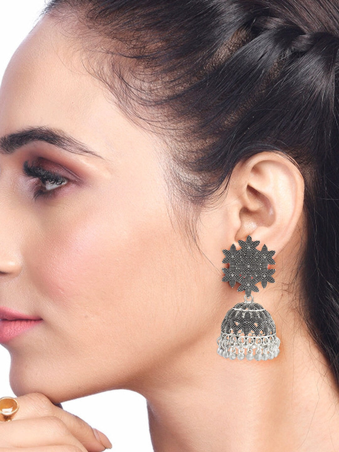 Silver-Plated Oxidised Floral Shaped Jhumkas