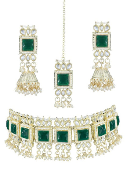 Gold-Plated Stone-Studded & Beaded Necklace & Earrings With Maang Tika