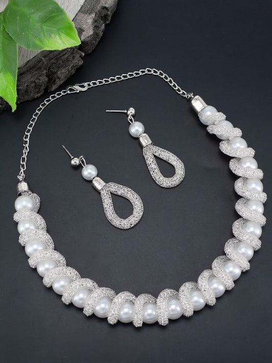 Silver-Plated CZ Studded & Pearl Baeded Jewellery Set