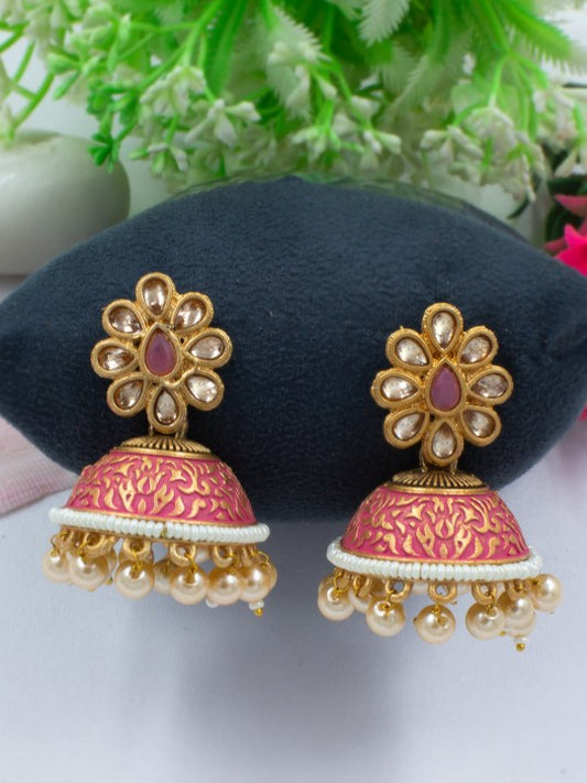 Gold-Plated Red Classic Jhumkas Earrings