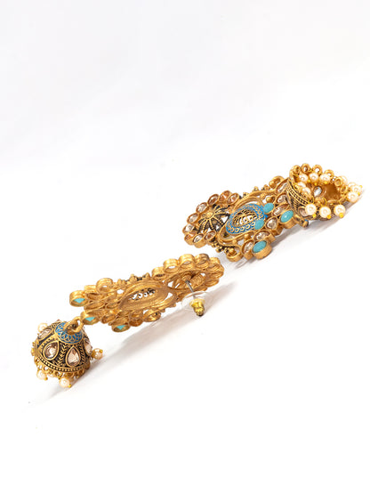 Gold Plated Blue Floral Jhumka Earrings