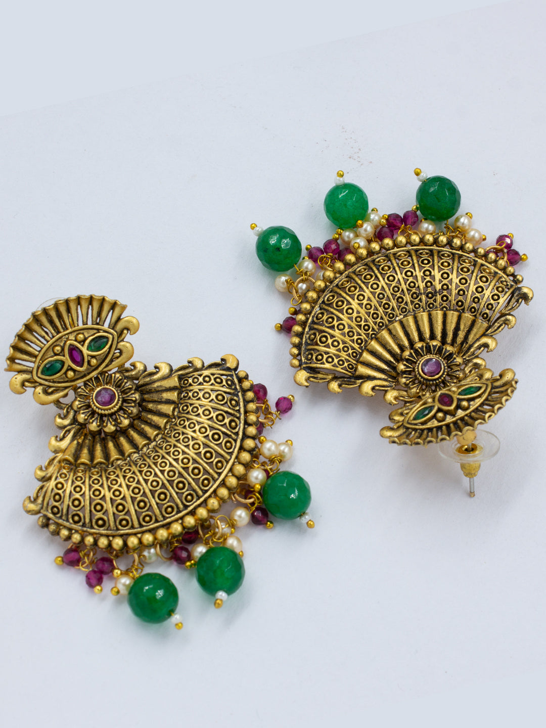 Gold-Plated Crescent Shaped Beaded Drop Earrings