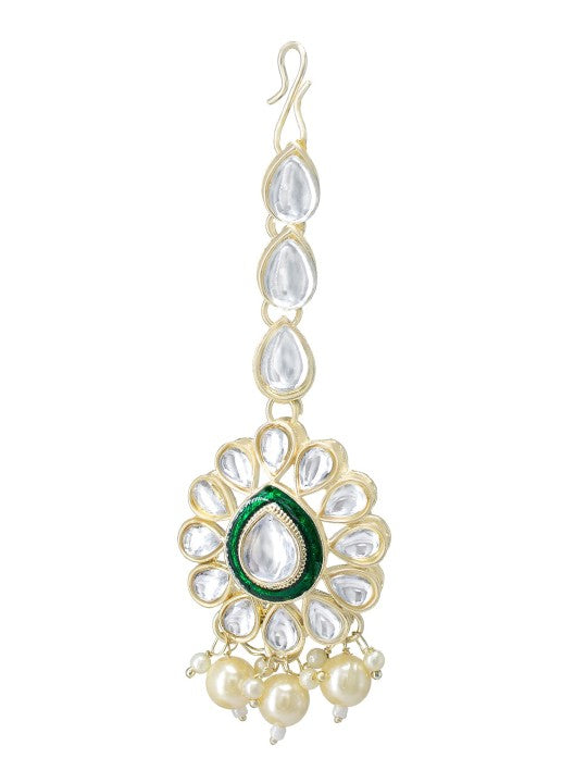 Gold Plated Green Kundan Studded Jewellery Set With Maangtika