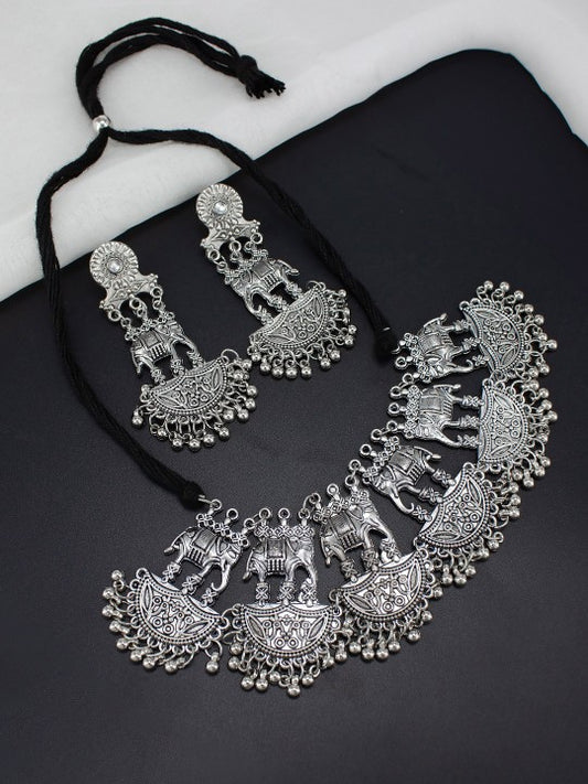 Silver Oxidised Elephant Shaped Temple Jewellery Set