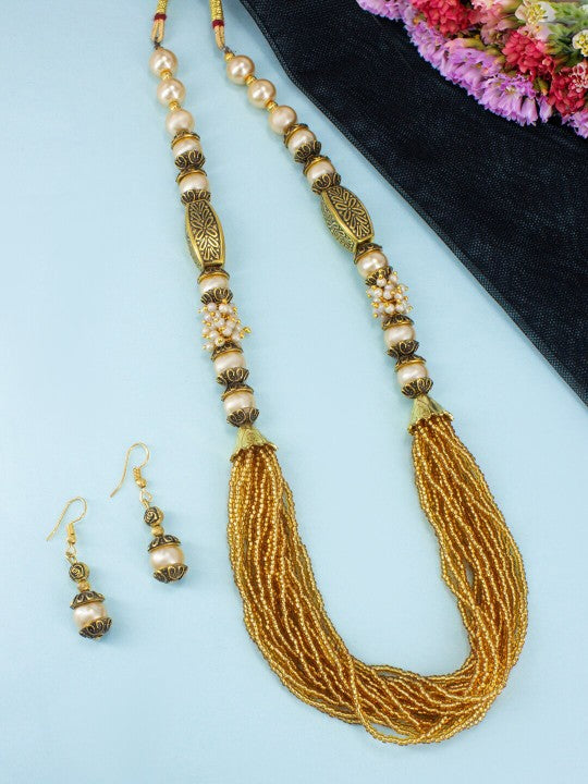 Gold Plated Beaded Layered Long Necklace & Earrings Set