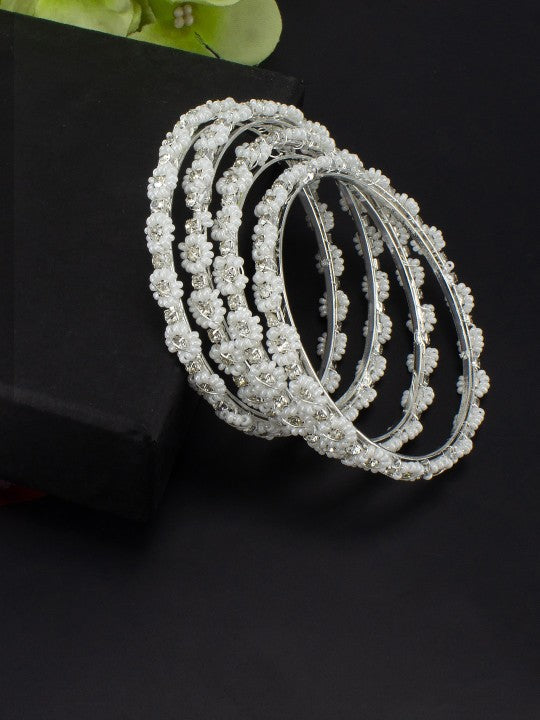 Set of 4 Silver Plated White Floral Beaded Bangle Set