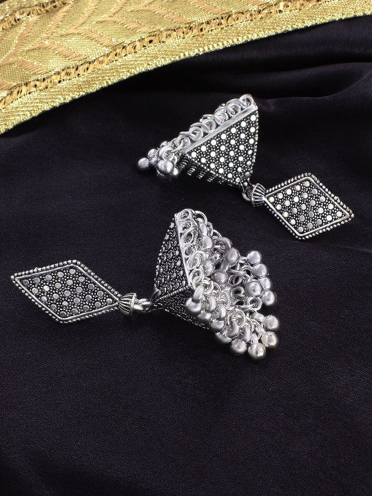 Silver-Plated Oxidised Geometric Jhumkas