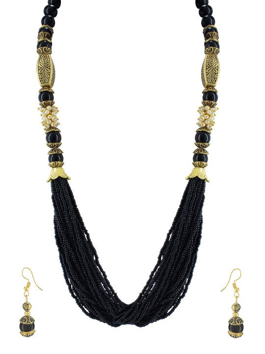 Gold Plated Black Beaded Layered Long Necklace & Earrings Set