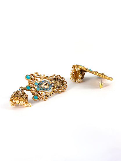 Gold Plated Blue Floral Jhumka Earrings