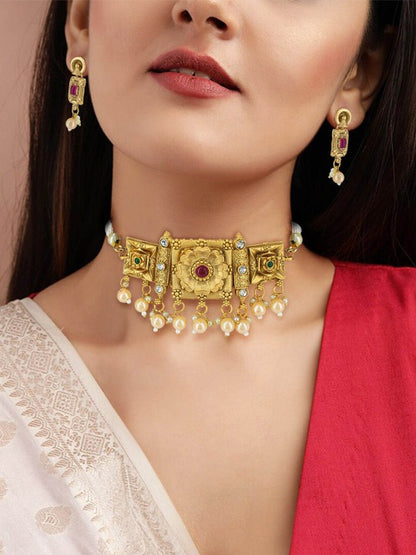 Gold-Plated Floral Stone-Studded & Beaded Jewellery Set