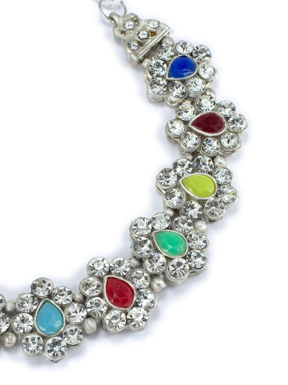 Silver Oxidised Multi Color Stone Studded Floral Jewellery Set