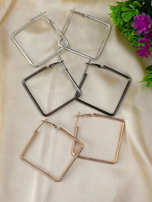 Pack Of 3 Silver-Plated Square-Shaped Hoop Earrings