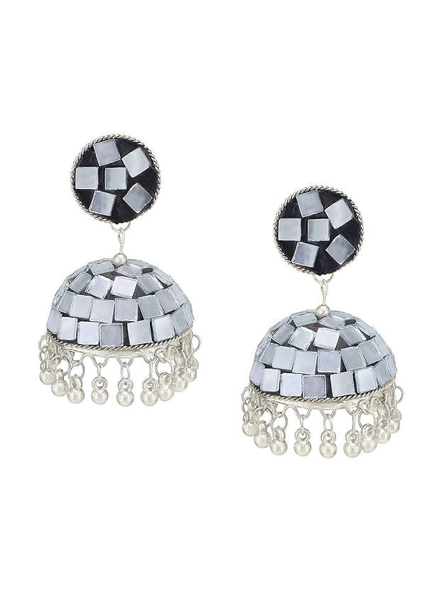 Silver Oxidised Black Mirror & Artificial Stones Studded Jhumka Earrings