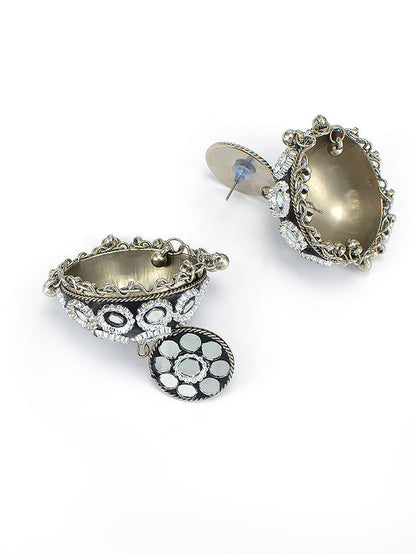 Silver Oxidised Black Mirror & Artificial Stones Studded Jhumka Earrings