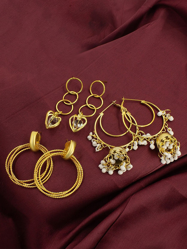 Pack Of 3 Gold-Plated Hoop & Drop Earrings