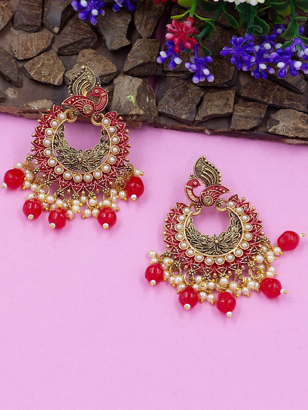 Gold-Plated Red Peacock Shaped Beaded Chandbalis Earrings