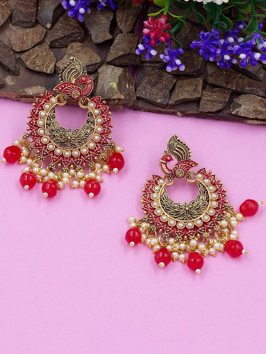 Gold-Plated Red Peacock Shaped Beaded Chandbalis Earrings