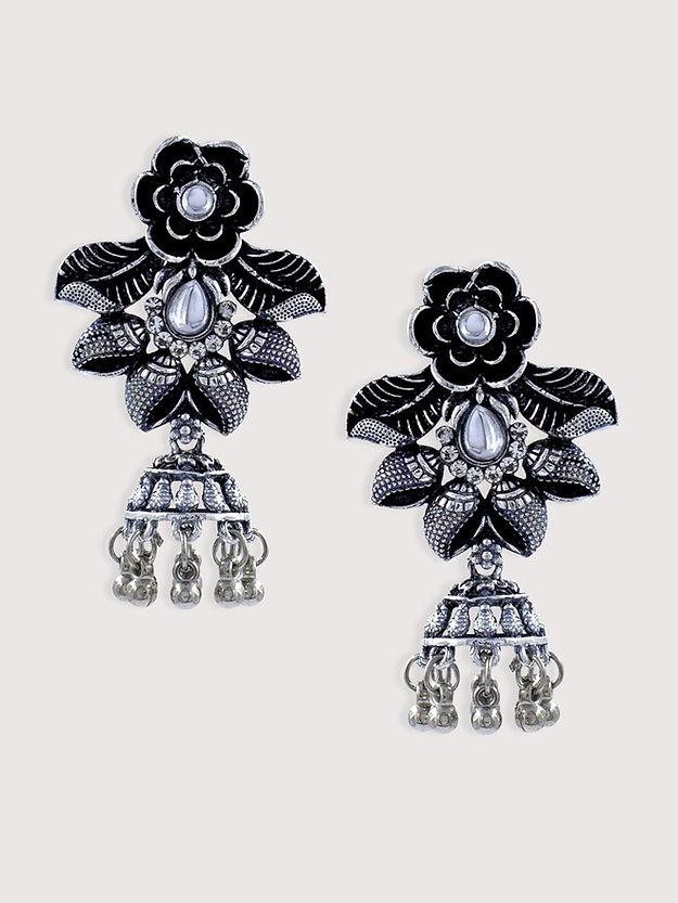 Silver Oxidised Floral Jhumki Earrings