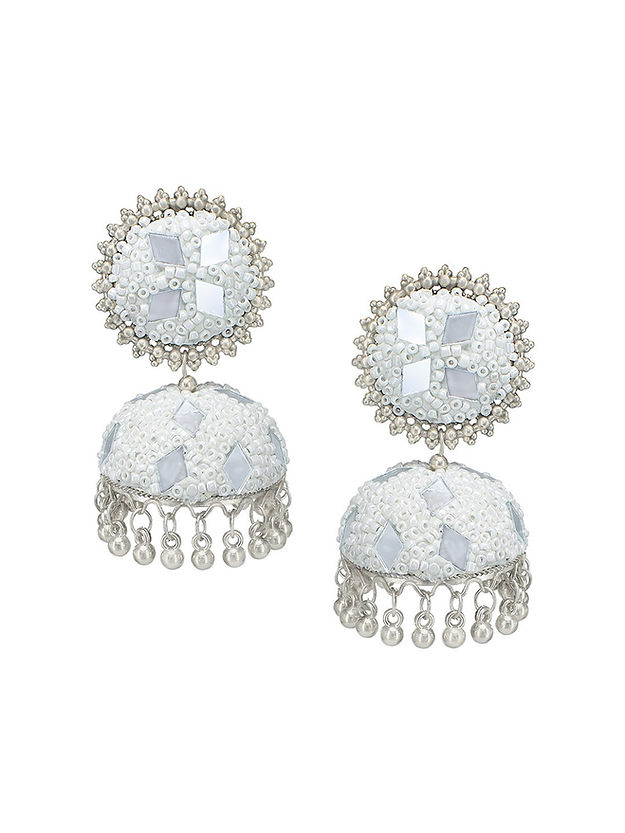 Silver Oxidised White Mirror & Artificial Stones Studded Jhumka Earrings