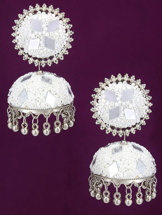 Silver Oxidised White Mirror & Artificial Stones Studded Jhumka Earrings