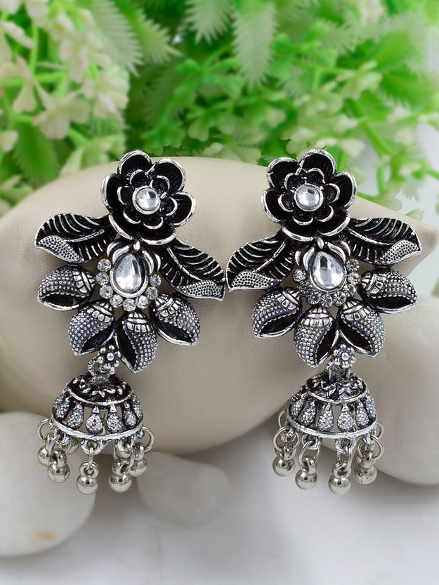 Silver Oxidised Floral Jhumki Earrings