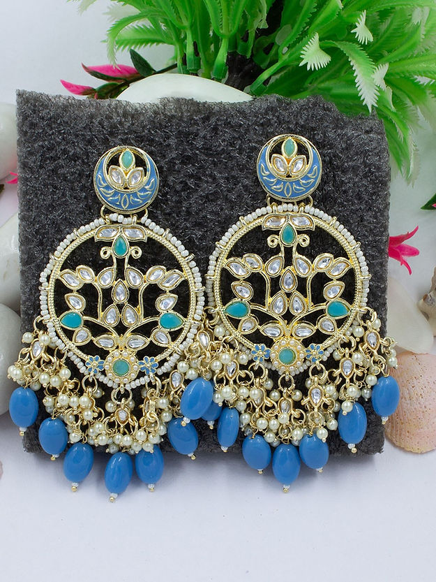 Gold-Plated Blue Artificial Stones and Beads Floral Drop Earrings