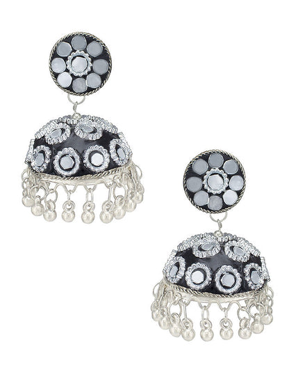 Silver Oxidised Black Mirror & Artificial Stones Studded Jhumka Earrings