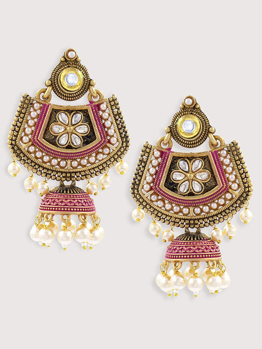 Gold Plated Pink Floral Jhumka Earrings