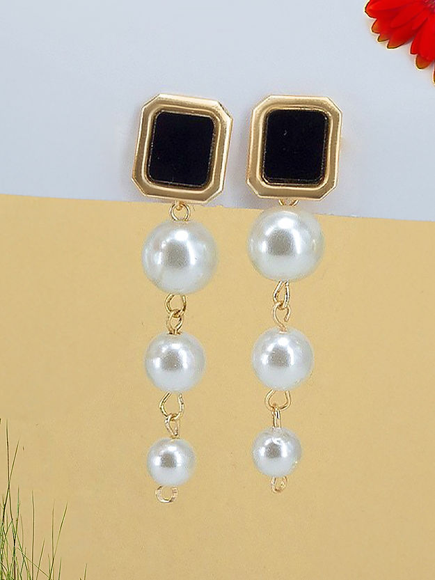 Gold Plated & Black Drop & Artificial Beads Earrings