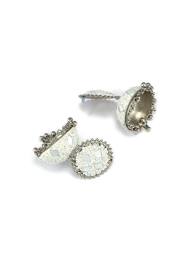 Silver Oxidised White Mirror & Artificial Stones Studded Jhumka Earrings